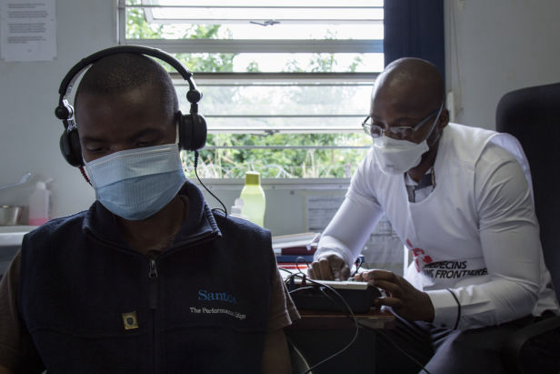 Phumlani, 27, MDR-TB patient, on the nine-month short course regimen. He's undergoing an audiological evaluation in the MSF Matsapha clinic to assess whether the treatment is affecting his hearing. Hearing loss is one of the worst side effect of the MDR-TB treatment. For many patients, it’s irreversible. Matsapha, Manzini Region, Swaziland (Eswatini). Photo by Alexis Huguet.